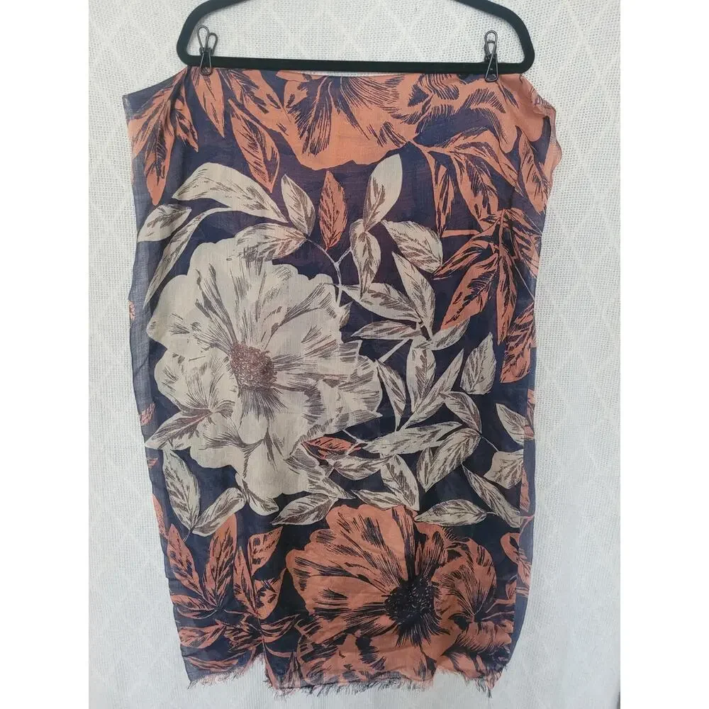 Floral Navy Rust Cream Oversized Scarf Wrap Shawl Lightweight Boho 70x23.5